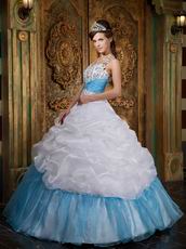 Halter Top White and Blue Quince Dress With Beading Decorate