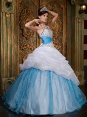 Halter Top White and Blue Quince Dress With Beading Decorate