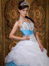 Halter Top White and Blue Quince Dress With Beading Decorate