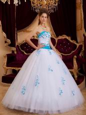 Elegant Trimed White Prom Ball Gown With Azure Blue Applique