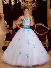 Elegant Trimed White Prom Ball Gown With Azure Blue Applique