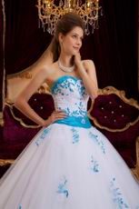 Elegant Trimed White Prom Ball Gown With Azure Blue Applique