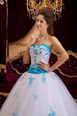 Elegant Trimed White Prom Ball Gown With Azure Blue Applique