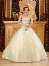 Yellow Quinceanera Girls Dress Covered With Blue Tulle