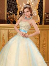 Yellow Quinceanera Girls Dress Covered With Blue Tulle