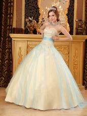 Yellow Quinceanera Girls Dress Covered With Blue Tulle