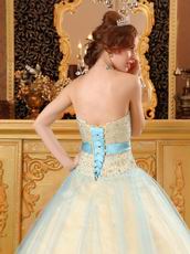 Yellow Quinceanera Girls Dress Covered With Blue Tulle