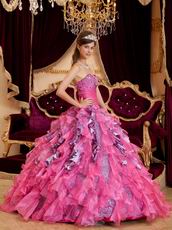 Hot Pink And Leopard Printed Ruffled Skirt Quinceanera Dress