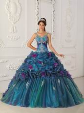 Spaghetti Straps Teal Quinceanera Dress With Handmade Flowers