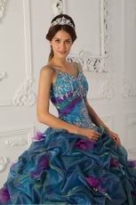 Spaghetti Straps Teal Quinceanera Dress With Handmade Flowers