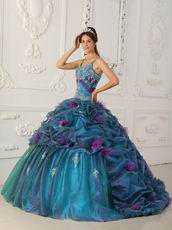 Spaghetti Straps Teal Quinceanera Dress With Handmade Flowers