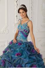 Spaghetti Straps Teal Quinceanera Dress With Handmade Flowers