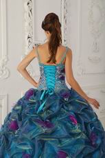 Spaghetti Straps Teal Quinceanera Dress With Handmade Flowers