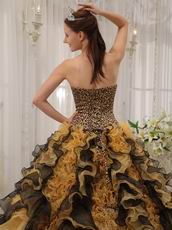 Leopard Quinceanera Dress With Black And Yellow Ruffle Skirt