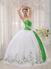 White Dress With Spring Green Emberllish Quinceanera Dress