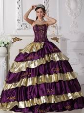 Purple and Golden Layers Puffy Quinceanera Dress By Top Designer