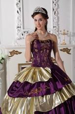 Purple and Golden Layers Puffy Quinceanera Dress By Top Designer