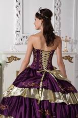 Purple and Golden Layers Puffy Quinceanera Dress By Top Designer