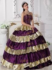 Purple and Golden Layers Puffy Quinceanera Dress By Top Designer