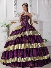 Purple and Golden Layers Puffy Quinceanera Dress By Top Designer