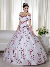 Short Sleeves White Quinceanera Dress With Wine Red Leaves