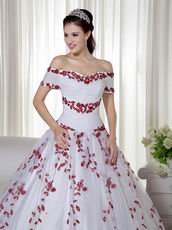 Short Sleeves White Quinceanera Dress With Wine Red Leaves