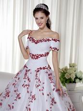 Short Sleeves White Quinceanera Dress With Wine Red Leaves