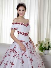 Short Sleeves White Quinceanera Dress With Wine Red Leaves