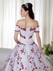 Short Sleeves White Quinceanera Dress With Wine Red Leaves