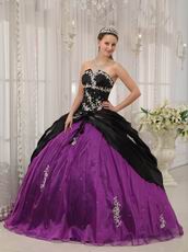 Appliqued Strapless Black and Purple Quince Dress For Young Girl