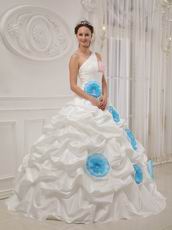 Single One Shoulder Ivory Quince Dress With Aqua Blue