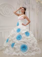 Single One Shoulder Ivory Quince Dress With Aqua Blue