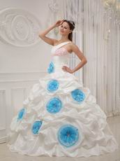 Single One Shoulder Ivory Quince Dress With Aqua Blue