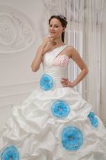 Single One Shoulder Ivory Quince Dress With Aqua Blue