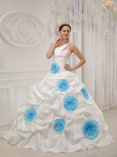 Single One Shoulder Ivory Quince Dress With Aqua Blue