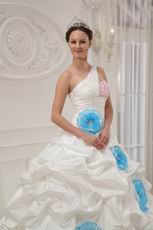 Single One Shoulder Ivory Quince Dress With Aqua Blue