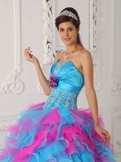 Strapless Hot Pink And Aqua Ruffle Skirt Quinceanera Gown