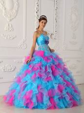 Strapless Hot Pink And Aqua Ruffle Skirt Quinceanera Gown