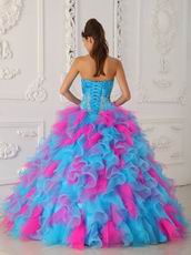 Strapless Hot Pink And Aqua Ruffle Skirt Quinceanera Gown