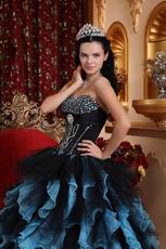 Aqua And Black Ruffled Skirt Designer Quince Dress For Winter