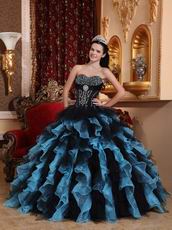 Aqua And Black Ruffled Skirt Designer Quince Dress For Winter