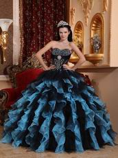 Aqua And Black Ruffled Skirt Designer Quince Dress For Winter