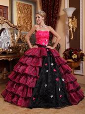 Cerise And Black Layers Skirt Trimed Dress To 2014 Quinceanera