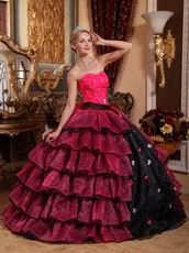 Cerise And Black Layers Skirt Trimed Dress To 2014 Quinceanera