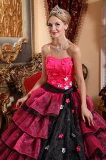 Cerise And Black Layers Skirt Trimed Dress To 2014 Quinceanera