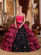 Cerise And Black Layers Skirt Trimed Dress To 2014 Quinceanera