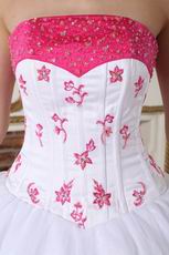 Deep Pink Embroidery And Bordure White Evening Ball Dress