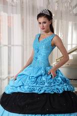 V Neckline Cheap Sky Blue Quinceanera Dress With Black