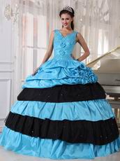 V Neckline Cheap Sky Blue Quinceanera Dress With Black