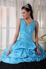 V Neckline Cheap Sky Blue Quinceanera Dress With Black